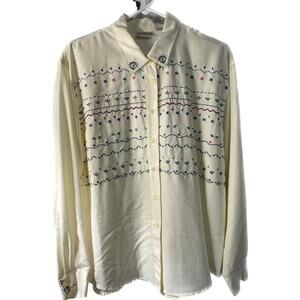 Vintage Koret Cream Blouse Long Sleeve Elegant Satin Feeling Embroidered Sz L